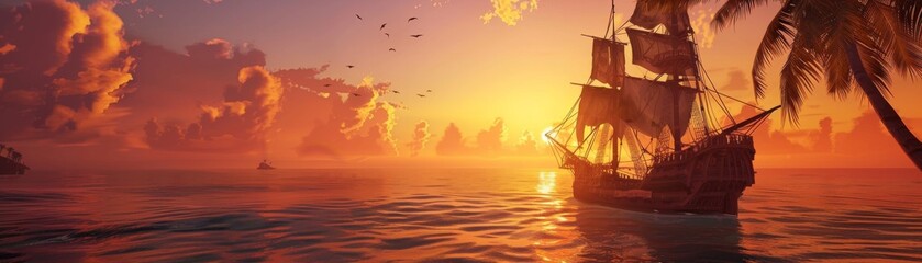 Naklejka premium Legendary pirate adventures on tropical seas, sunset