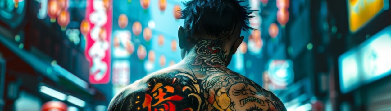 Neon-lit cyber Yakuza in ancient Tokyo, futuristic tattoos