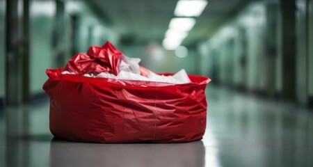  Awaiting collection - A discarded red bag in an empty hallway