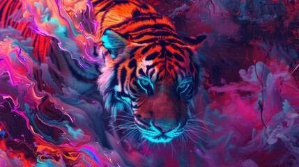 Phoenix soaring over a neon jungle, abstract tiger stripes