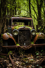 Resilience of Nature: Overgrown & Abandoned Car in a Forest Clearing