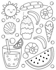 Summer set. Coloring page, black and white vector illustration.