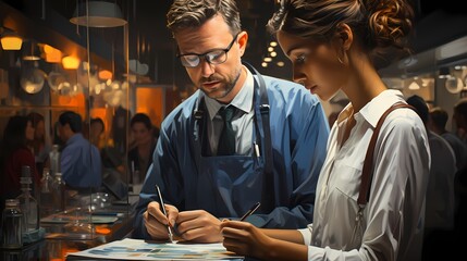 An artistic composition featuring a medical doctor writing notes on a clipboard while engaging with a patient, conveying empathy and effective communication. - obrazy, fototapety, plakaty