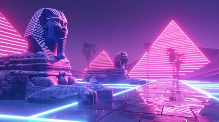 Sphinx guarding a futuristic pyramid, neon lights