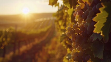 Sunset over vineyards with rolling hills, macro grapes