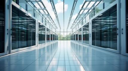 Supercomputer and Advanced Cloud Computing Concept. White Server Cabinets inside Bright and Clean Large Data Center. Artificial Intelligence Training Cluster.