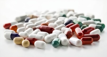  A colorful array of pills on a white background