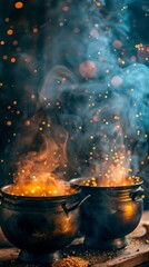 Witches brewing potions for healing, bright cauldrons