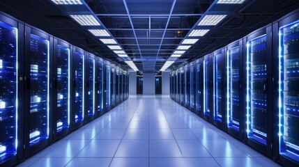 Supercomputer and Advanced Cloud Computing Concept. White Server Cabinets inside Bright and Clean Large Data Center. Artificial Intelligence Training Cluster.