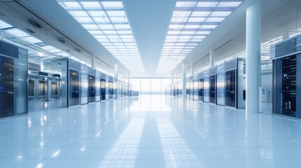 Supercomputer and Advanced Cloud Computing Concept. White Server Cabinets inside Bright and Clean Large Data Center. Artificial Intelligence Training Cluster.