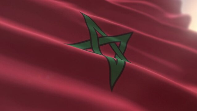 Strong wind shaking the National flag of the North African Kingdom of Morocco. National patriotic flag of Morocco country. National flag of Morocco with a green star on the red field background.