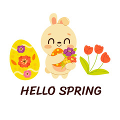 Cute Easter card. Vector illustration. Spring collection of cute bunny, flowers and sweets. For poster, card, scrapbooking , stickers