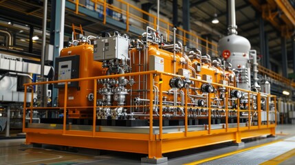 Modern Industrial Gas Processing Unit. Sophisticated gas processing unit with numerous gauges and valves in an industrial plant setting.