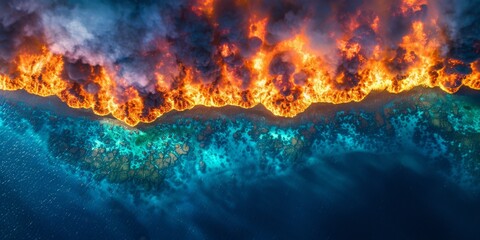 Fototapeta na wymiar A Devastating Wildfire Meets the Ocean in a Dramatic Aerial Display of Fire and Water, Generative AI