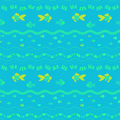 blue and turquoise marine pattern with fish, waves and lettering