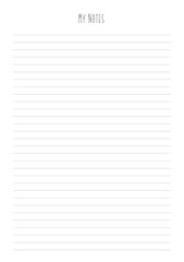 MY NOTES blank sheet of paper with straight parallel lines on white isolated background. Vector illustration.	