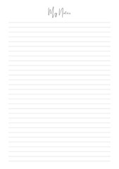 MY NOTES blank sheet of paper with straight parallel lines on white isolated background. Vector illustration.	
