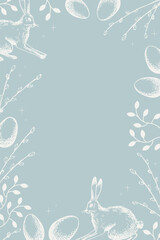 Easter card boho background for text with bunny, willow flowers, Easter eggs  sketch with engraving hand drawn vector illustration, festive design border for congratulations spring holidays