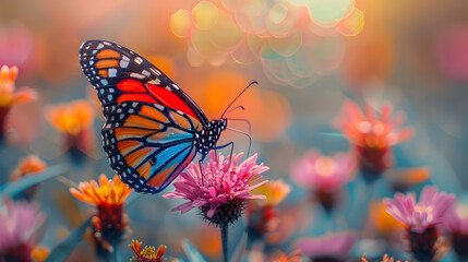 A colorful butterfly resting on a flower, with a rainbow of petals as the background, during a warm summer day