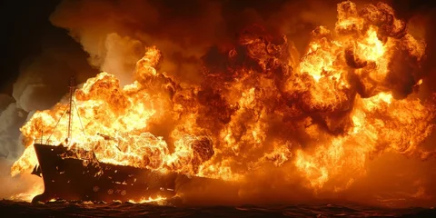 Photo sur Plexiglas Naufrage A Ship Engulfed in Flames at Sea, A Harrowing Display of Destruction and Emergency, Generative AI