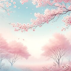 Spring landscape in pastel colors with cherry blossoms and gentle morning haze