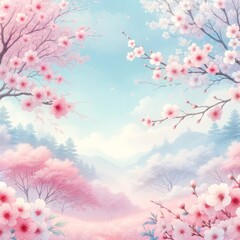 Landscape of cherry blossom in pastel colors, with distant mountains and fog