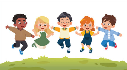 Happy cute kid jumping together. vector illustration