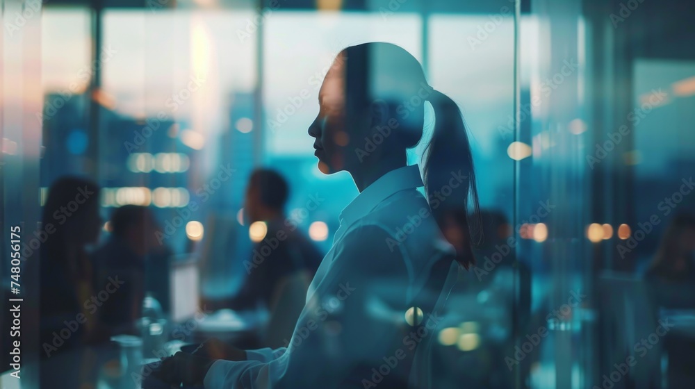 Wall mural silhouette of a businesswoman in an office with a cityscape - leadership and corporate business conc