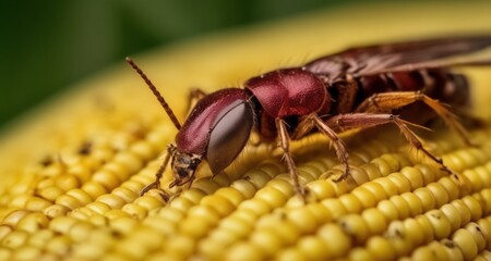  Close-up of a vibrant red and black beetle on corn kernels