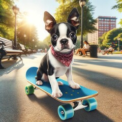 Cute Boston Terrier dog riding a skateboard. The dog is black and white with clear markings and large, expressive eyes