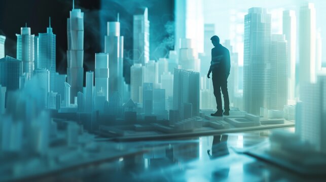 Futuristic city model with a man silhouette - Urban planning and smart city technology concept