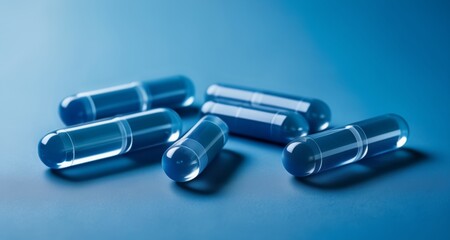  Clear capsules on a blue background
