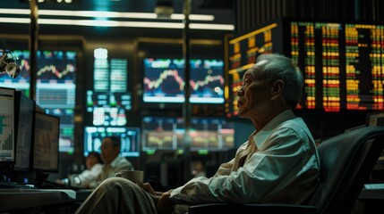 Fototapeta na wymiar Experienced Trader Contemplating in Front of Stock Market Monitors, Finance and Investment