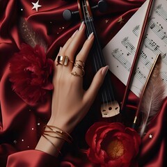 Beautiful female hands with a violin and a violin stick. Musical creative luxury photo shot generative ai - obrazy, fototapety, plakaty