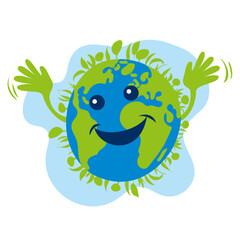 Cartoon illustration of our planet Earth waving in a friendly manner