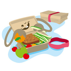 Cartoon drawing of a lunch box looking forward to its healthy snack and winking