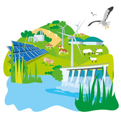 Landscape illustration with renewable energies and farm animals