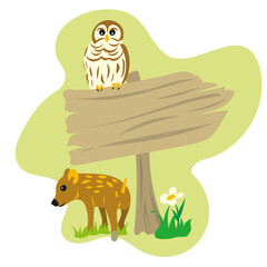 Illustration of a wooden signpost with a wild boar standing and an owl sitting on it