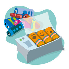 Cartoon illustration of a rechargeable batteries charging station with empty batteries in the background