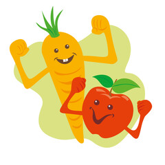 Cartoon illustration of a carrot and an apple: "Healthy food gives you power"