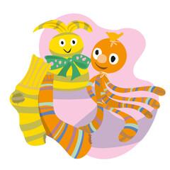 Illustration of funny sock animals made from old socks, upcycling, sustainable