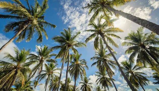 Low angle view of palm trees growing against blue sky during sunny day 