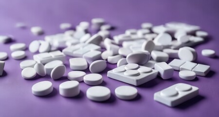  A collection of white pills scattered on a purple surface