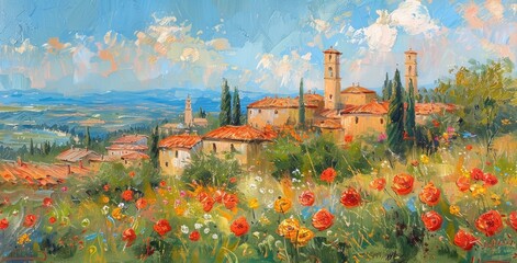 cityscape with tower buildings and flowering flowers on a canvas - obrazy, fototapety, plakaty