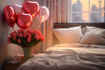 The interior of a beautiful bedroom with a bouquet of roses, candles, balloons, decor for Valentine's Day. A romantic date.  