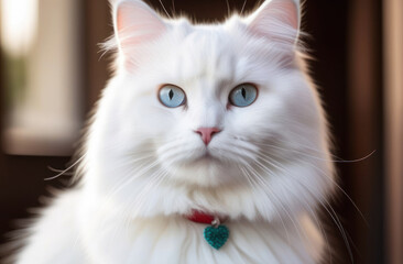 Portrait of white fluffy cat in a collar at home.