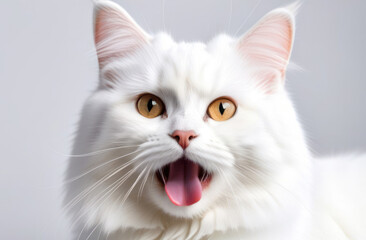 Portrait of fluffy white Angora cat with an open mouth on a light background.