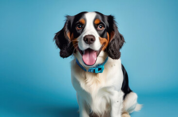 Portrait of a spaniel dog in a collar on a blue background.