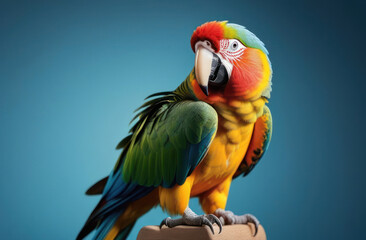 Naklejka premium Red-green-yellow macaw parrot on a blue background.