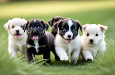 Little puppies running through the grass.